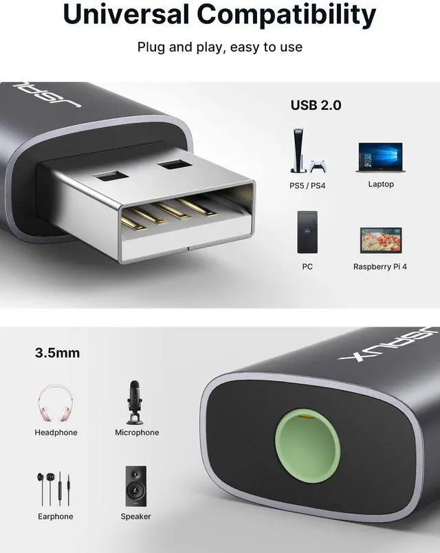 Alt view image 5 of 7 - 2 Pack USB to 3.5mm Jack Audio Adapter, JSAUX USB to Audio Aux Adapter External Stereo Sound Card TRRS Female Headset for PS4, PS5, Headphone,Mac, Linux, Laptop, Desktops, Docking Station