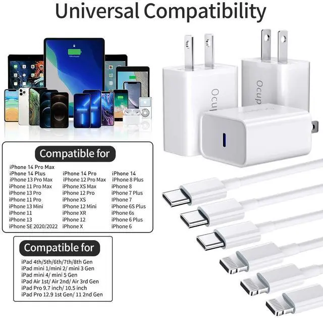 Alt view image 6 of 7 - for iPhone 14 13 12 11 Charger Fast Charging [MFi Certified], 3-Pack 20W PD USB C Wall Charger Block with 6.6ft USB C to Lightning Cable Compatible with iPhone 14 Pro Max/Pro/Plus/Mini/iPad & More