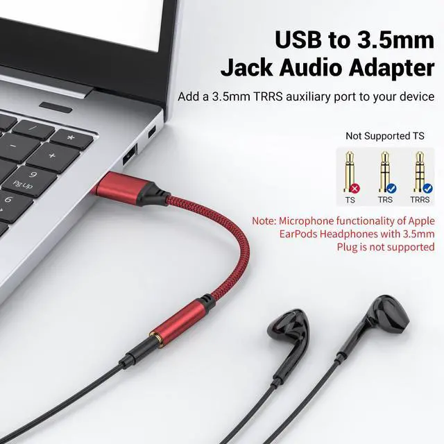 Alt view image 2 of 5 - Upgraded USB to Aux Adapter, Aux to Usba Cable External Stereo Sound Card, USB to 3.5mm Jack Audio Adapter for PS4/PS5/Headphone/Mac/Linux/Laptop/Desktops/Docking Station Red