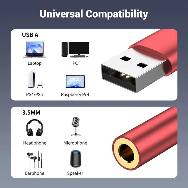 Alt view image 5 of 5 - Upgraded USB to Aux Adapter, Aux to Usba Cable External Stereo Sound Card, USB to 3.5mm Jack Audio Adapter for PS4/PS5/Headphone/Mac/Linux/Laptop/Desktops/Docking Station Red