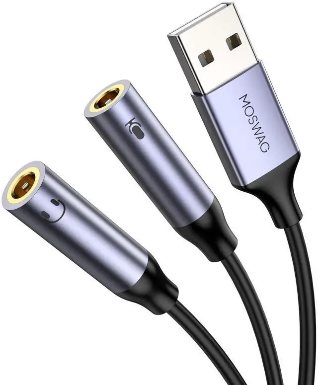 Main image of MOSWAG USB Audio Adapter, External Sound Card, USB to 3.5mm TRS Headphone + Microphone Audio Jack Splitter Compatible with Windows, Laptops, Desktops, Mac, Linux, PC, PS5, PS410 inch/25cm