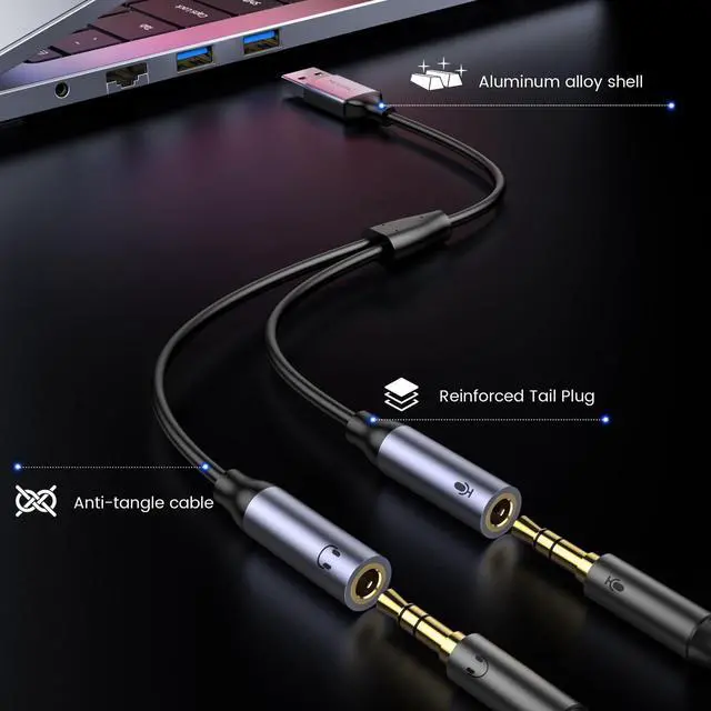 Alt view image 5 of 6 - MOSWAG USB Audio Adapter, External Sound Card, USB to 3.5mm TRS Headphone + Microphone Audio Jack Splitter Compatible with Windows, Laptops, Desktops, Mac, Linux, PC, PS5, PS410 inch/25cm