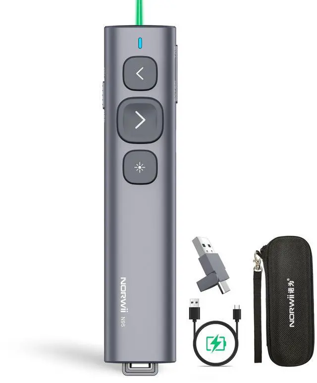 Main image of Norwii N95 Presentation Clicker with USB-A&C Receiver, PowerPoint Clicker for Presentation Remote, Rechargeable Wireless Presenter Pointer, Slide Advancer for PC/Laptop/e-Book (Green, USB-AC)