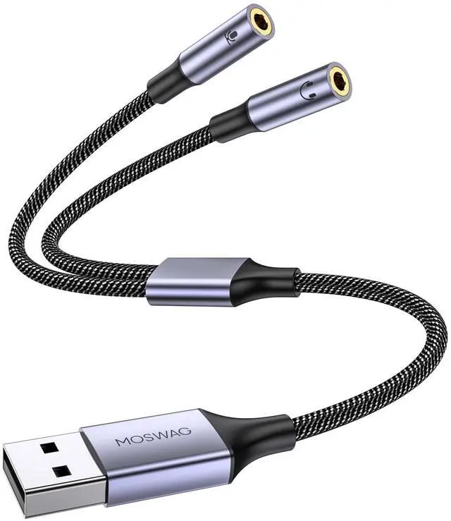 Main image of MOSWAG USB Audio Adapter External Sound Card Stereo Cable with Dual TRS 3-Pole 3.5mm Headphone and Microphone Jacks USB to Dual 3.5mm Audio Jack Adapter Cable for Windows Mac PC Laptops