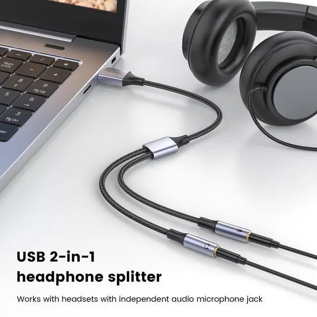 Alt view image 2 of 6 - MOSWAG USB Audio Adapter External Sound Card Stereo Cable with Dual TRS 3-Pole 3.5mm Headphone and Microphone Jacks USB to Dual 3.5mm Audio Jack Adapter Cable for Windows Mac PC Laptops