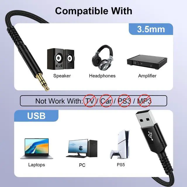 Alt view image 6 of 7 - USB to 3.5mm Audio Aux Cable, 3FT USB Male to AUX Male Jack Adapter TRS Stereo Braided Audio Cord for Headphones Speaker PC Laptop Windows PS5 PS4 Mac OSX Desktops