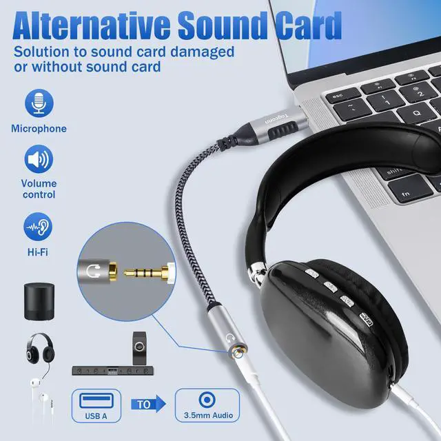 Alt view image 3 of 6 - USB 3.0 Male to 3.5mm TRRS 4-Pole Female Headphone Jack Adapter 2 Pack, USB-A to Aux Audio Dongle Cable Cord, External Sound Card Converter for Headset, Mac, PC, Laptop, Mac, Desktops, Linux, PS4