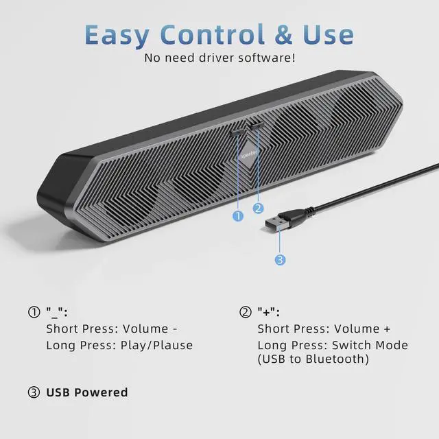 Alt view image 4 of 7 - HPSWUW Computer Speakers for Desktop Pc, Wired USB Powered Bluetooth PC Speakers with Stereo Clear Sound, Gaming Speakers Sound Bar for Computer Desktop PC Laptop Monitor, Bluetooth & USB Input Black