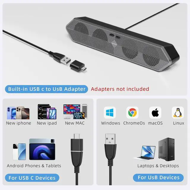 Alt view image 6 of 7 - HPSWUW Computer Speakers for Desktop Pc, Wired USB Powered Bluetooth PC Speakers with Stereo Clear Sound, Gaming Speakers Sound Bar for Computer Desktop PC Laptop Monitor, Bluetooth & USB Input Black