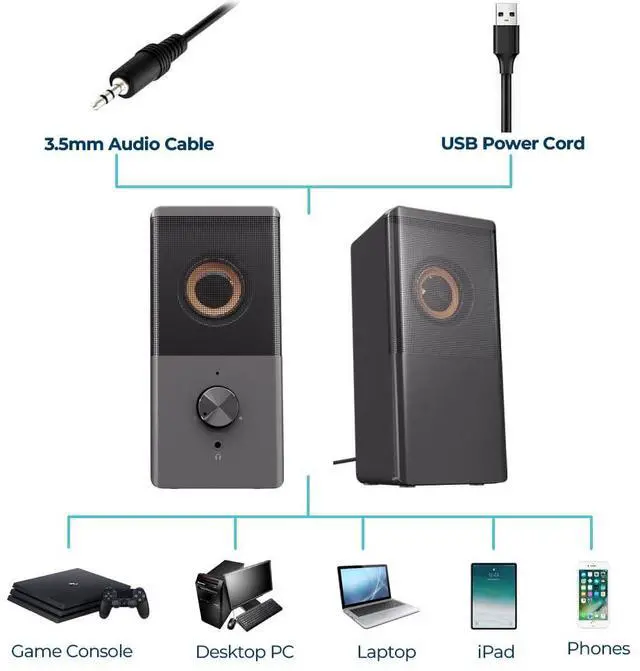 Alt view image 7 of 7 - ROSON Computer Speaker, Compact Size Speaker with Headphone Jack, Enhanced Bass and Volume Control, Stereo 2.0 USB Powered 3.5mm Aux Multimedia Speakers for Laptop/Desktop/Tablets/Phone