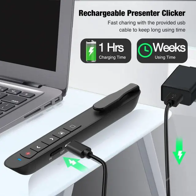 Alt view image 4 of 7 - Presentation Clicker Green Laser Pointer, Rechargeable PowerPoint Clicker Wireless Presenter Remote, RF 2.4GHz USB Presentation Pointer Slide Advancer with Hyperlink Volume Control for Mac Computer