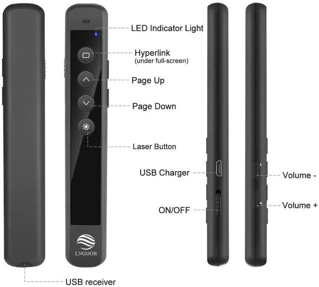 Alt view image 5 of 7 - LNGOOR Rechargeable Presentation Clicker for PowerPoint - RF 2.4GHz Wireless Presenter Remote with Laser Pointer, Support Hyperlink&Volume Compatible with PPT/Keynote/Slides/Mac/Windows/Laptop