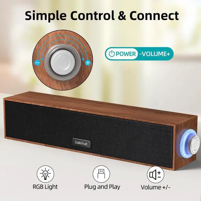 Alt view image 4 of 7 - Uakinat Computer Speakers,Wooden Multimedia Digital Speaker,USB Powered 3.5mm AUX PC Speakers,Surround Sound Portable Computer Sound Bar Speaker for Desktop Laptop (Brown)