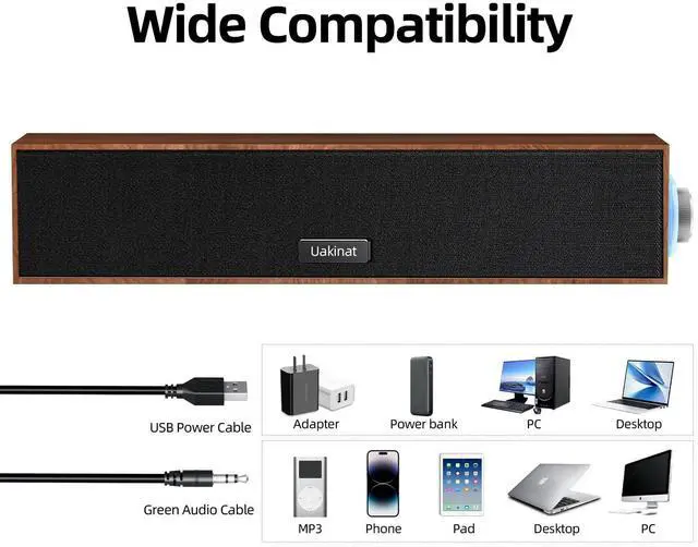Alt view image 6 of 7 - Uakinat Computer Speakers,Wooden Multimedia Digital Speaker,USB Powered 3.5mm AUX PC Speakers,Surround Sound Portable Computer Sound Bar Speaker for Desktop Laptop (Brown)