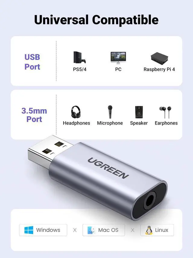 Alt view image 6 of 7 - UGREEN USB to Audio Jack USB External Sound Card 3.5mm Audio Adapter 2 in 1 USB A to Aux TRRS Headphone Adapter Microphone Stereo Jack Aluminum Compatible with PS5 PC Windows Mac Linux Laptop Desktop