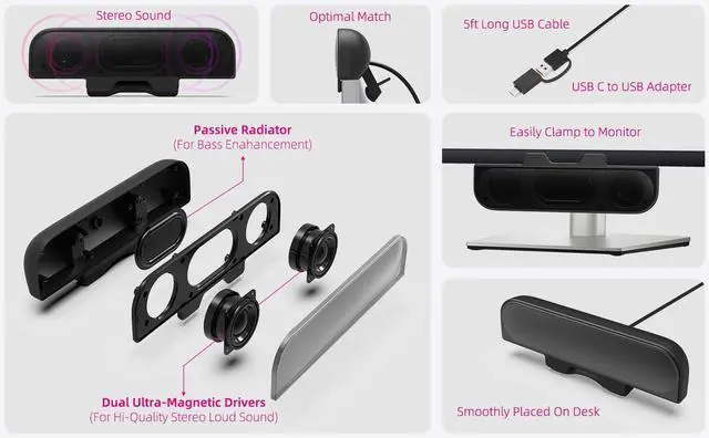 Alt view image 4 of 7 - Computer Speakers for Desktop PC, Monitor Speakers, USB Plug-in, Wired, External Speaker for Laptop, Small Computer Soundbar for PC, with Loud Sound, Deep Bass, USB-C Adapter, Easily Clamp to Monitor