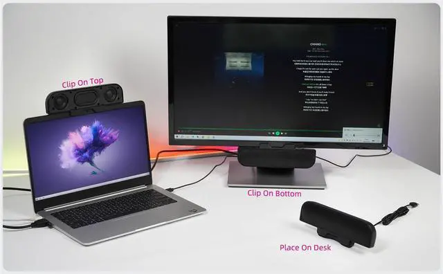 Alt view image 6 of 7 - Computer Speakers for Desktop PC, Monitor Speakers, USB Plug-in, Wired, External Speaker for Laptop, Small Computer Soundbar for PC, with Loud Sound, Deep Bass, USB-C Adapter, Easily Clamp to Monitor