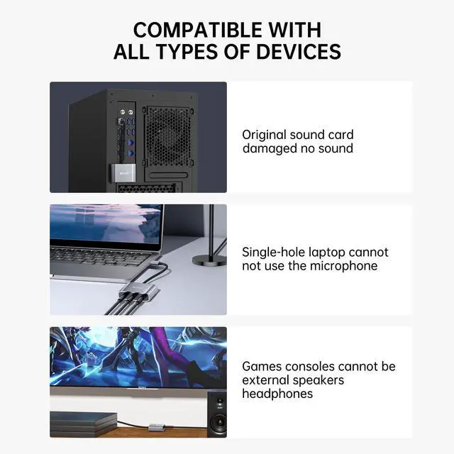 Alt view image 6 of 6 - USB to 3.5mm Jack Audio Adapter External Sound Card with Dual 3.5mm Headphone and Microphone TRS Jack to USB Compatible with Windows, Laptops, Desktops Windows, MAC, Linux, PC, PS5, PS4