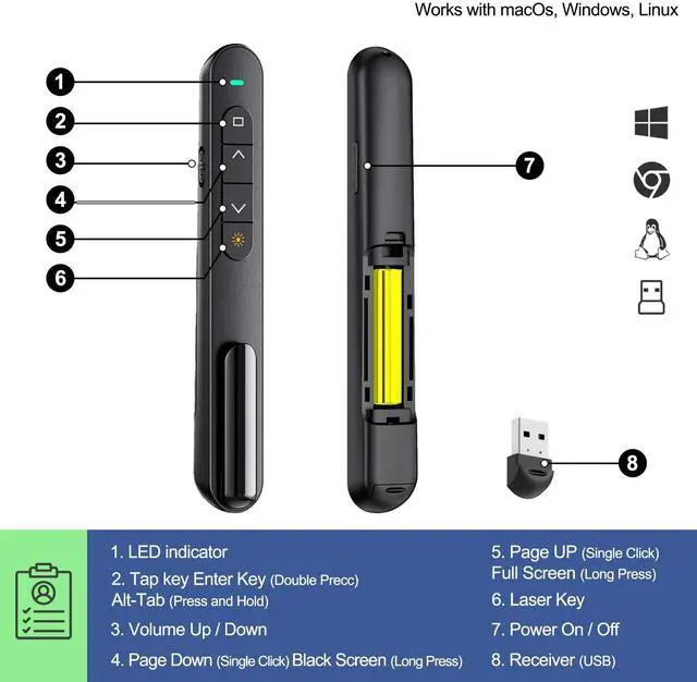 Alt view image 3 of 6 - QUI Presentation Clicker for PowerPoint, RF 2.4GHz USB Wireless Presenter Remote with Volume Control, PowerPoint Clicker Slide Advancer for Mac, Windows, Laptop, Keynote