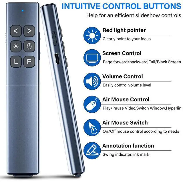 Alt view image 2 of 7 - Presentation Clicker with Air Mouse - USB C Wireless Presenter Remote Clicker with Pointer, RF 2.4GHz PowerPoint Clicker for Presentation, Computer Pointer Clicker Slide Advancer for Mac,Laptop