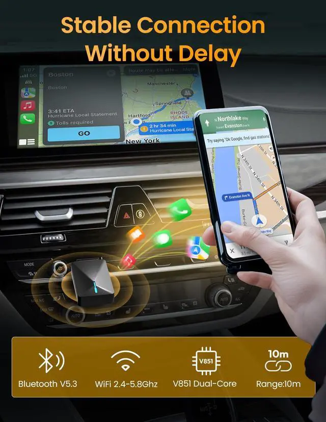 Alt view image 2 of 7 - Pop'sDone Wireless CarPlay Adapter, Convert Wired to Wireless CarPlay 0 Delay, Plug & Play, WiFi 6 & Bluetooth 5.0, Compatible with iPhone/iOS 10+ & Android 11+, Supports OTA Updates
