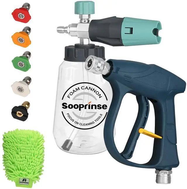 Main image of Sooprinse Short Pressure Washer Gun with Foam Cannon, High Pressure Washer Gun Snow Foam Lance with 1/4 Inch Quick Connector, 5 Nozzle Tips with Car Wash Mitt, 3000 PSI, 1 Liter