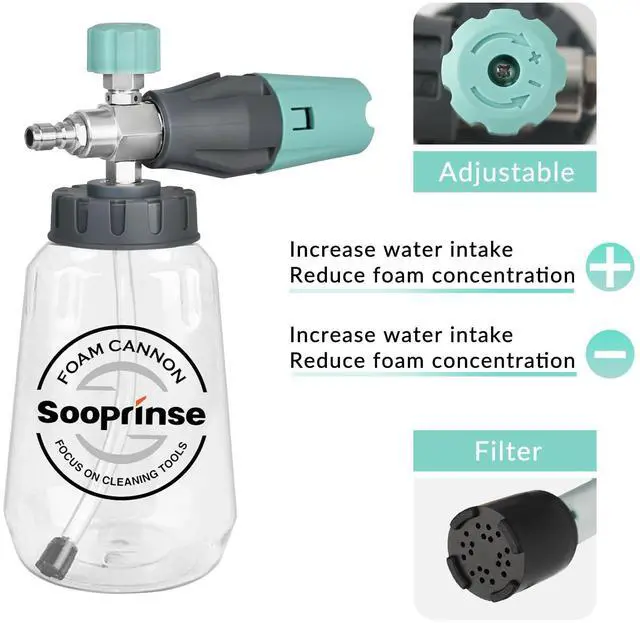 Alt view image 3 of 7 - Sooprinse Short Pressure Washer Gun with Foam Cannon, High Pressure Washer Gun Snow Foam Lance with 1/4 Inch Quick Connector, 5 Nozzle Tips with Car Wash Mitt, 3000 PSI, 1 Liter