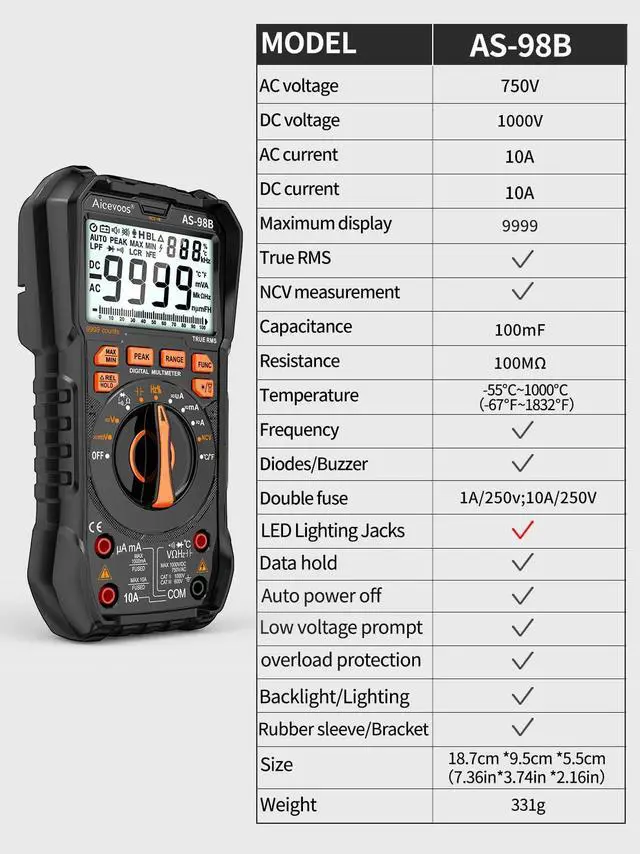 Alt view image 2 of 7 - Aicevoos Multimeter Digital Multimeter, 9999 Counts DC AC Voltmeter and Ohm Volt Amp Tester, Auto-Ranging Fast Accurately Measures Voltage Current (DC/AC Current)