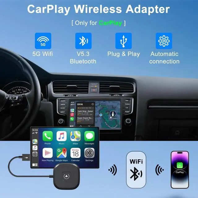 Alt view image 2 of 7 - Wireless CarPlay Adapter for Apple iPhone, Converts Wired to Wireless CarPlay, Plug & Play, Stable Connection, No Delay, Compatible with Cars from 2017 & iPhone iOS 10+(Black)