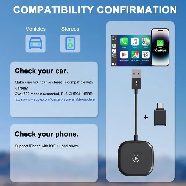 Alt view image 5 of 7 - Wireless CarPlay Adapter for Apple iPhone, Converts Wired to Wireless CarPlay, Plug & Play, Stable Connection, No Delay, Compatible with Cars from 2017 & iPhone iOS 10+(Black)