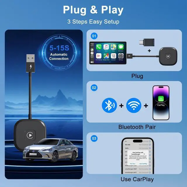 Alt view image 6 of 7 - Wireless CarPlay Adapter for Apple iPhone, Converts Wired to Wireless CarPlay, Plug & Play, Stable Connection, No Delay, Compatible with Cars from 2017 & iPhone iOS 10+(Black)
