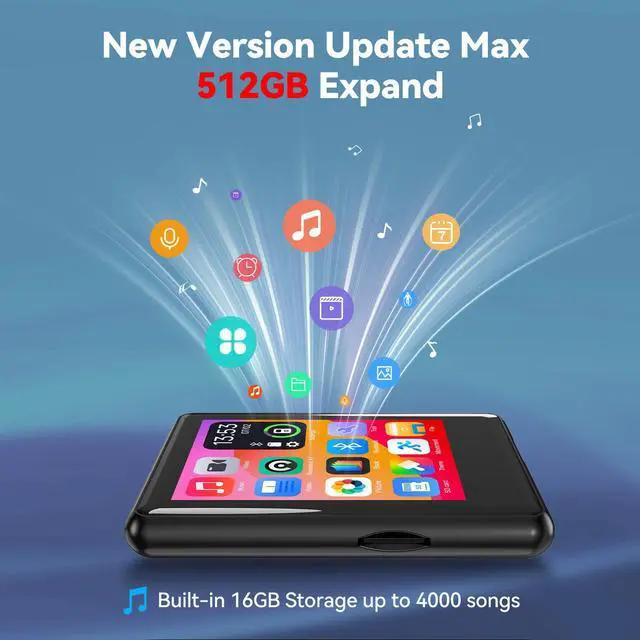 Alt view image 4 of 7 - MP3 Player with Bluetooth5.4,Portable Digital Music Device with Speaker,FM Radio,Voice Recording,Earphones,for Kids,Built-in Micro SD Card Slot,Full Touch Screen Easy to Use,Max 512GB Expand