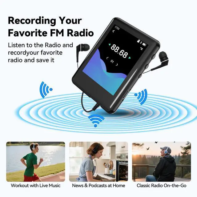 Alt view image 5 of 7 - MP3 Player with Bluetooth5.4,Portable Digital Music Device with Speaker,FM Radio,Voice Recording,Earphones,for Kids,Built-in Micro SD Card Slot,Full Touch Screen Easy to Use,Max 512GB Expand