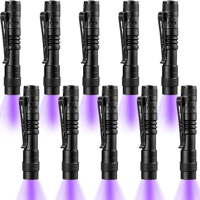 Main image of Beieverluck 10 Pack UV Black Light Flashlight Mini 395nm Pen Light with Clip LED Handheld Blacklight Detector for Leak Pet Urine Hotel Inspection Dry Stain and Bed Bug, Small