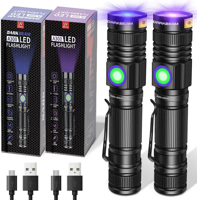 Main image of DARKBEAM UV Flashlight 365nm & 395nm Blacklight Rechargeable USB, Woods Lamp Ultraviolet Black Light LED Portable - Detector for Pet Cat Urine, Stains, Resin Curing, Uranium Glass, 2 Pack
