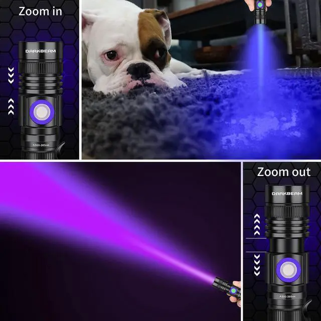 Alt view image 3 of 7 - DARKBEAM UV Flashlight 365nm & 395nm Blacklight Rechargeable USB, Woods Lamp Ultraviolet Black Light LED Portable - Detector for Pet Cat Urine, Stains, Resin Curing, Uranium Glass, 2 Pack