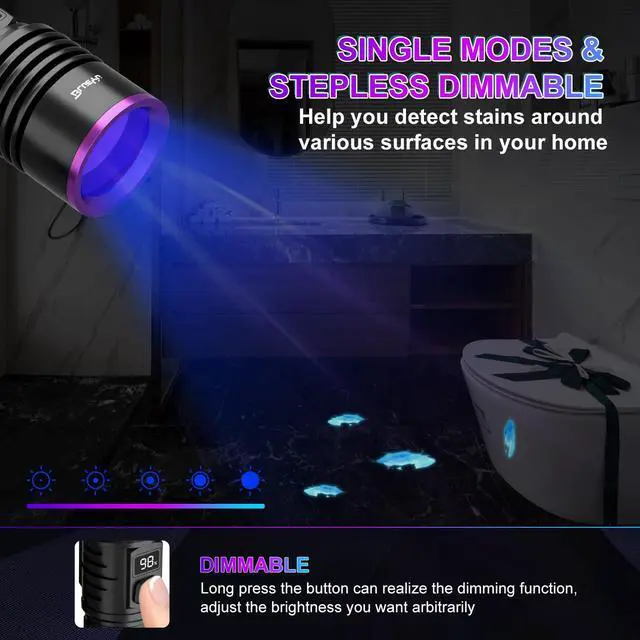 Alt view image 6 of 7 - BlueYu - 365nm Black Light UV Flashlight, Rechargeable Blacklight Flashlights, Powerful Ultraviolet Lights for Pet Urine Detection, Scorpion, Rock Hunting, AC Leak, & Resin Curing, with LCD Display
