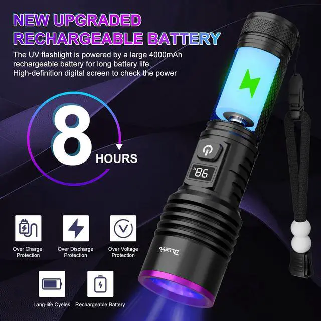 Alt view image 7 of 7 - BlueYu - 365nm Black Light UV Flashlight, Rechargeable Blacklight Flashlights, Powerful Ultraviolet Lights for Pet Urine Detection, Scorpion, Rock Hunting, AC Leak, & Resin Curing, with LCD Display