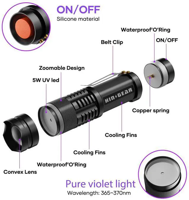 Alt view image 6 of 6 - HinsGEAR 1 Mode UV 365nm Blacklight Flashlight LED Ultraviolet Flashlights Portable Uv Light Wood's lamp Detector for Dog Urine Pet Stains, Anti-counterfeiting and More - Powered by Single AA Battery