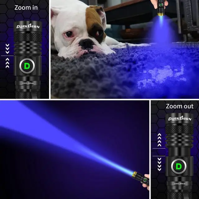 Alt view image 3 of 7 - DARKDAWN UV Flashlight 365nm, LED Blacklight Flashlight, USB Rechargeable flashlights, Powerful Fluorescent Portable Mini Detector for Pet Urine Stains, Uranium Glass, Money, Resin Curing, 2 Pack
