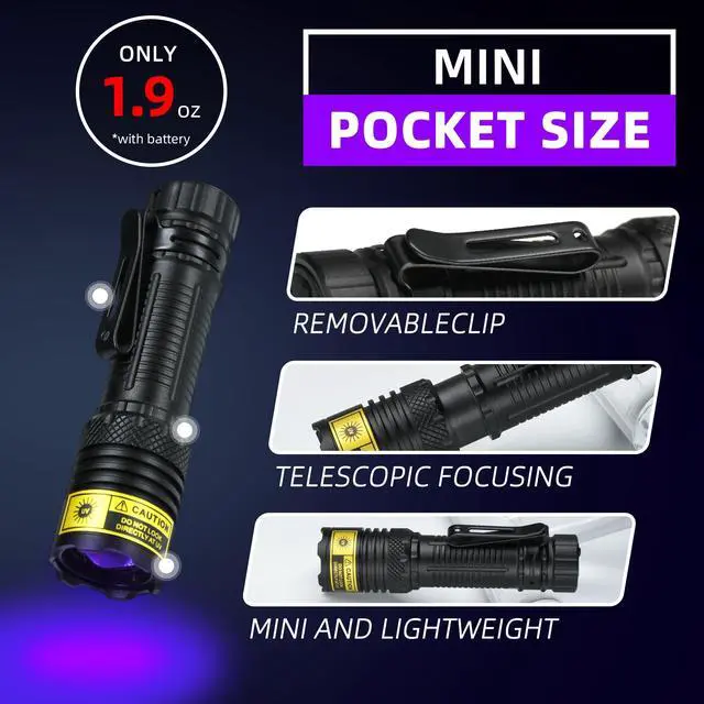 Alt view image 3 of 6 - DARKBEAM UV Flashlight 395nm Black Light, Mini but Powerful Blacklight USB- C LED Rechargeable, Focusable Woods Lamp Water Resistant, Detector for Pet Urine, Uranium Glass&Leak Detection, Curing Resin