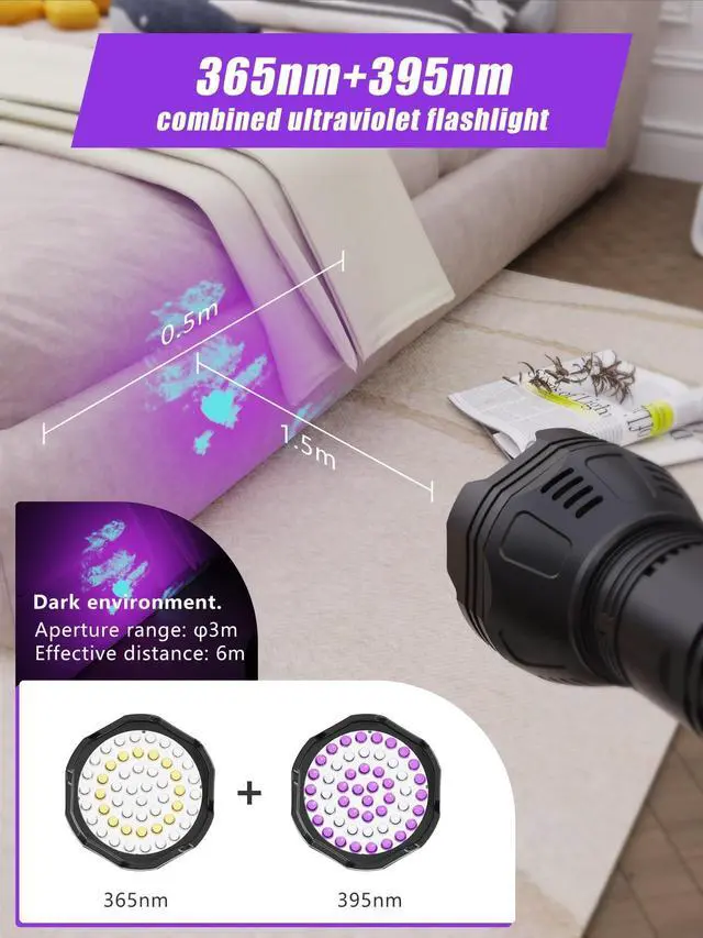 Alt view image 2 of 6 - UV Blacklight Flashlights Rechargeable 365nm + 395nm 51 LEDs, Black Light for Pet Urine Detection Cat Dogs, Ultraviolet Flashlight for Resin Scorpion Bed Bugs Handheld Black Light Battery Built-in