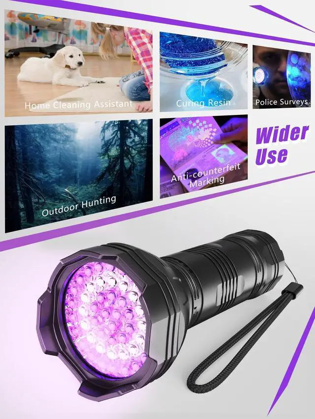 Alt view image 5 of 6 - UV Blacklight Flashlights Rechargeable 365nm + 395nm 51 LEDs, Black Light for Pet Urine Detection Cat Dogs, Ultraviolet Flashlight for Resin Scorpion Bed Bugs Handheld Black Light Battery Built-in