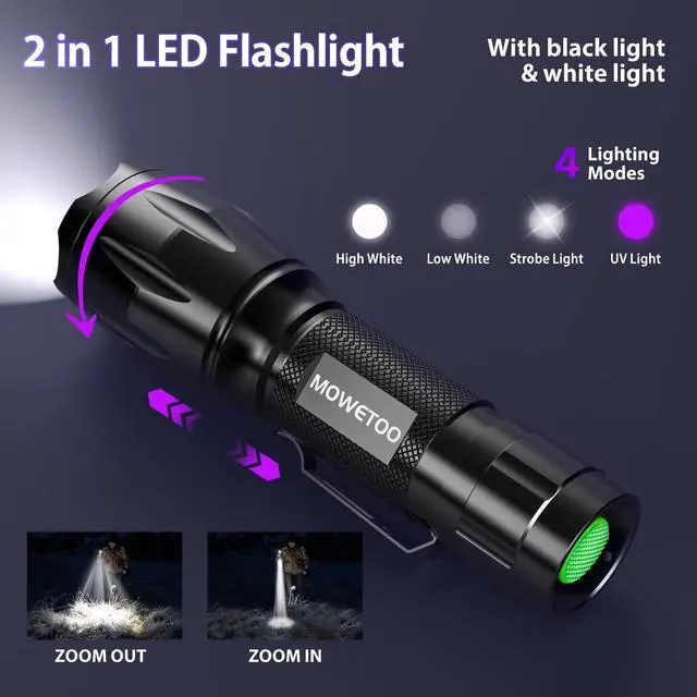Alt view image 2 of 6 - MOWETOO UV Flashlight, Portable Blacklight Flashlight, LED Torch with White and Ultraviolet Light Combo, Black Light Pet Urine Detector for Dog Cat Pee, ID Check, AC Leak, Bed Bug, Rocks, Resin