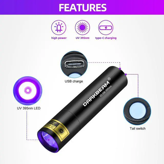 Alt view image 3 of 7 - DARKBEAM Flashlight UV Black Light 395 NM, Mini but Powerful USB- C LED Rechargeable Woods Lamp, Ultraviolet Flashlights for Pet Dog Urine, Stains Detection/Resin Curing/Fluorescent Agent