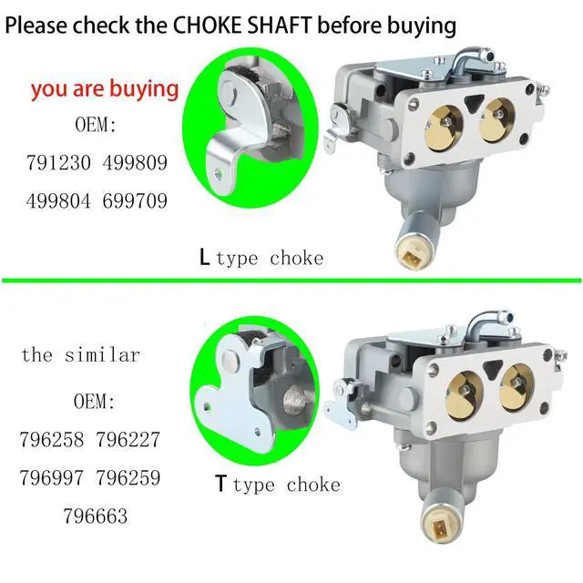 Alt view image 2 of 6 - 791230 Carburetor V-Twin 407777 406777 405777 22HP 24HP 18-25HP Carburetor for Toro Cub cadet Troy bilt Craftsman Husqvarna Lawn Mower - Manual Choke