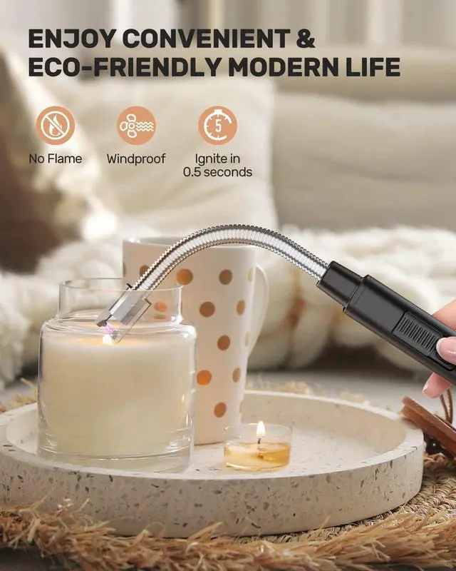 Alt view image 2 of 7 - Electric Lighter, Candle Lighters USB Rechargeable Arc Lighter with Hanging Hook, LED Battery Display Long Lighters for Candle Grill BBQ Home Outdoor