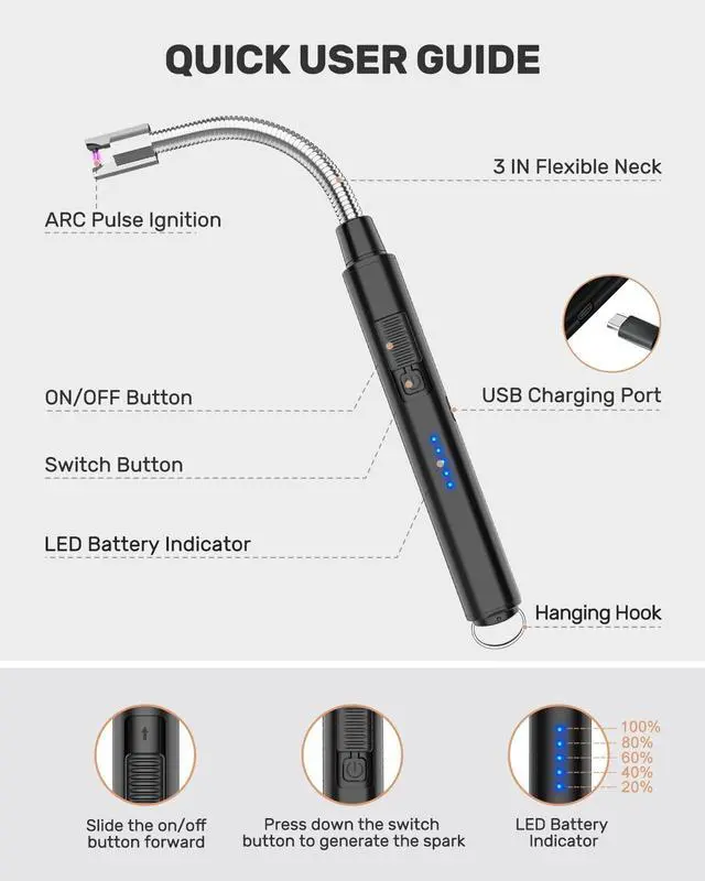 Alt view image 6 of 7 - Electric Lighter, Candle Lighters USB Rechargeable Arc Lighter with Hanging Hook, LED Battery Display Long Lighters for Candle Grill BBQ Home Outdoor