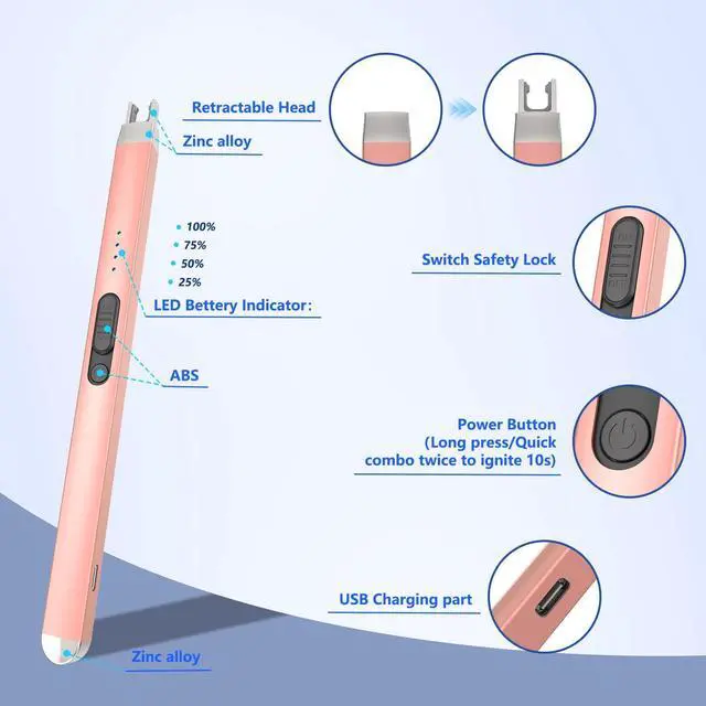 Alt view image 2 of 7 - PALTECE Electric Candle Lighter, USB-C Rechageable Arc Lighters for Camping, Long Lighter with Safety Switch & LED Battery Display, Windproof & Flameless lighters for BBQ, Grill (Rose Gold)