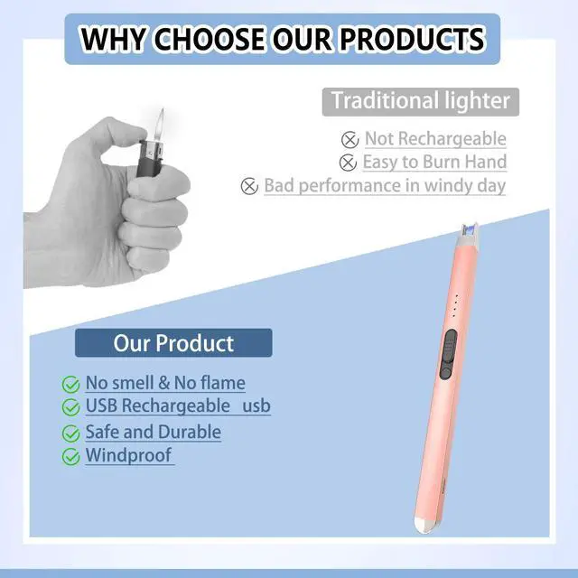 Alt view image 4 of 7 - PALTECE Electric Candle Lighter, USB-C Rechageable Arc Lighters for Camping, Long Lighter with Safety Switch & LED Battery Display, Windproof & Flameless lighters for BBQ, Grill (Rose Gold)